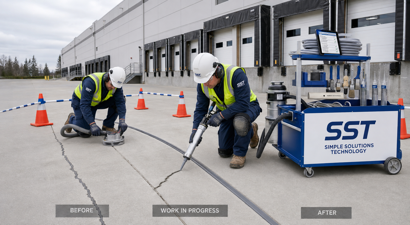 SST technicians preparing and sealing a concrete pavement joint outside a commercial warehouse