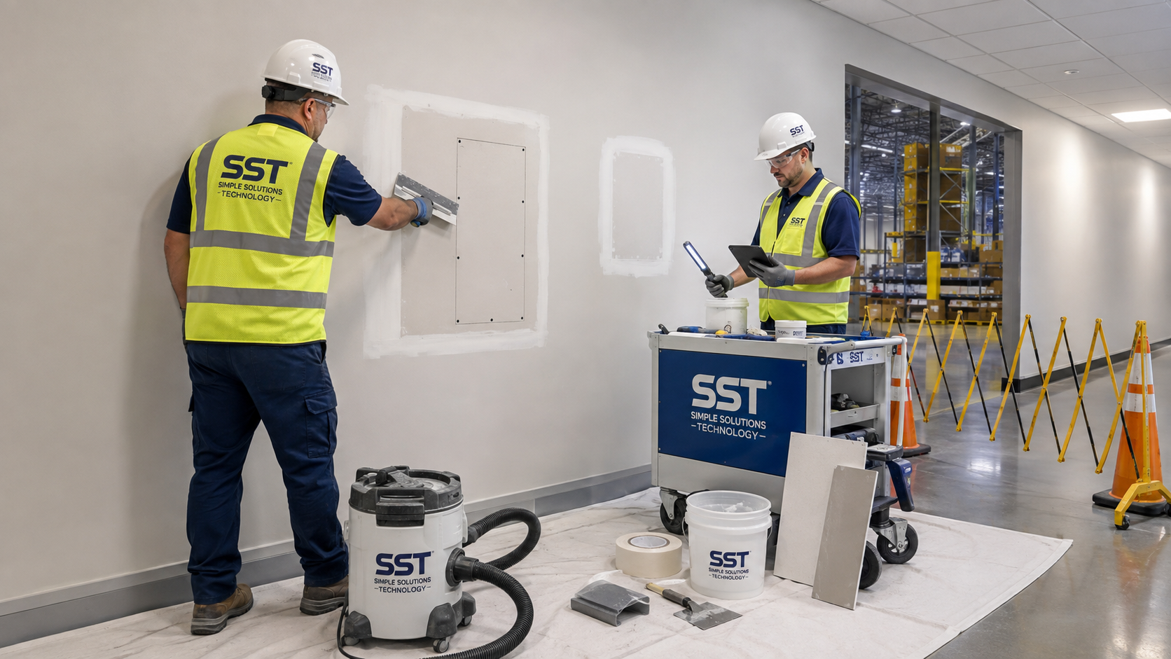 SST technicians installing and finishing commercial drywall patches in a controlled warehouse work area