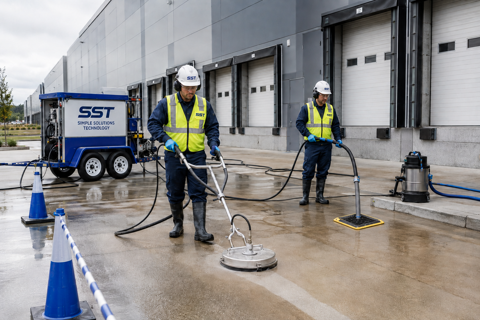 SST technicians pressure washing the exterior concrete and loading area of a commercial warehouse