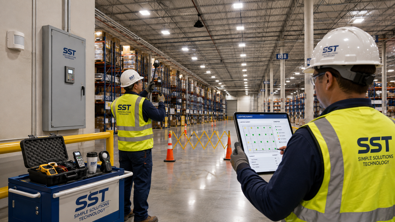 SST technicians measuring warehouse light levels and documenting lighting and energy conditions