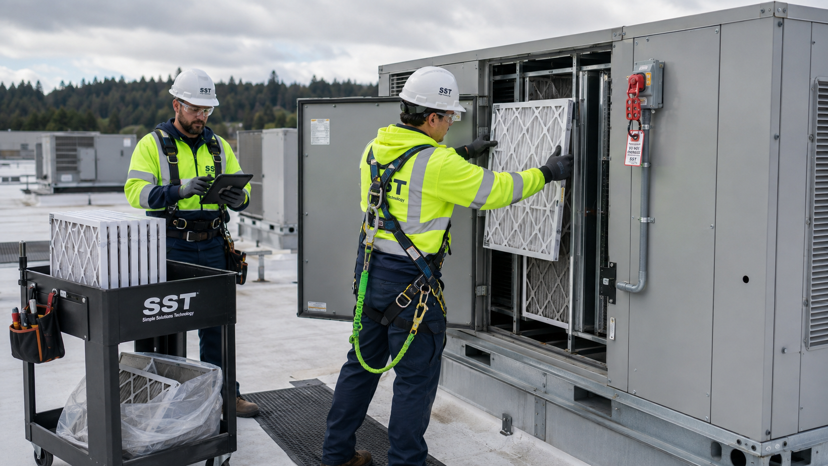 SST technicians replacing filters in a commercial rooftop HVAC unit