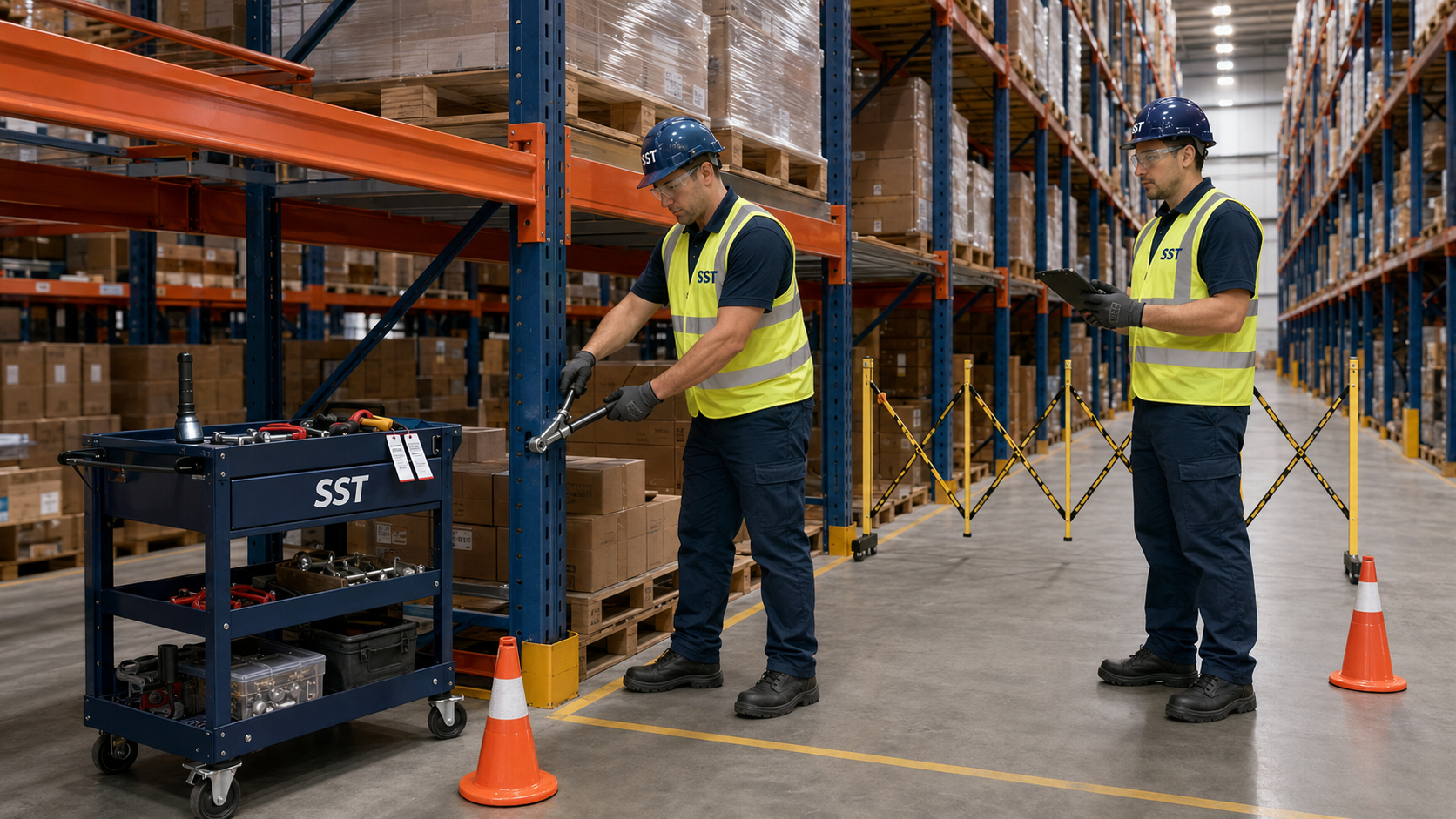 SST technicians checking accessible pallet-rack fasteners and documenting visible conditions