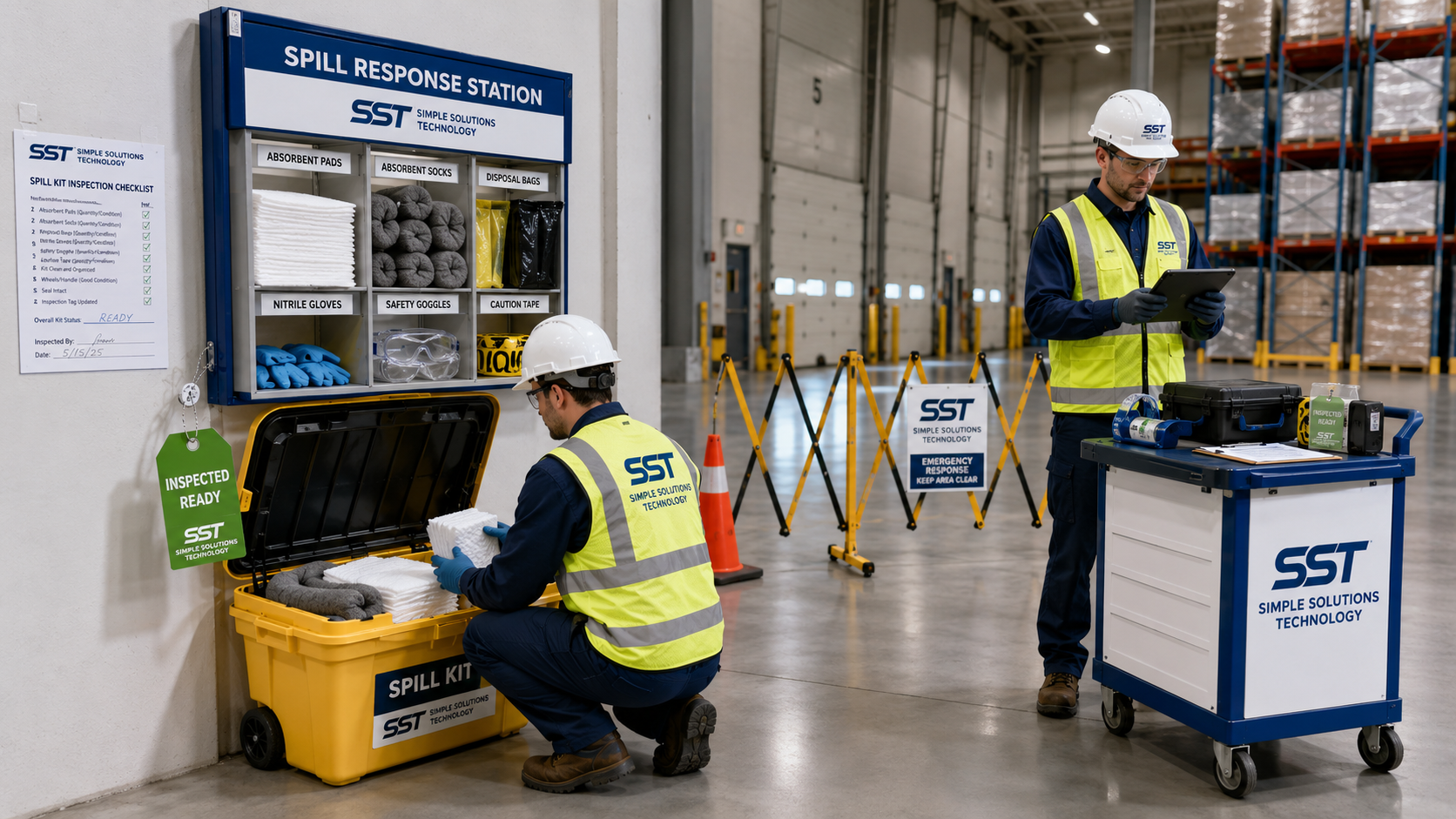 SST technicians inspecting and restocking an organized commercial spill-response station