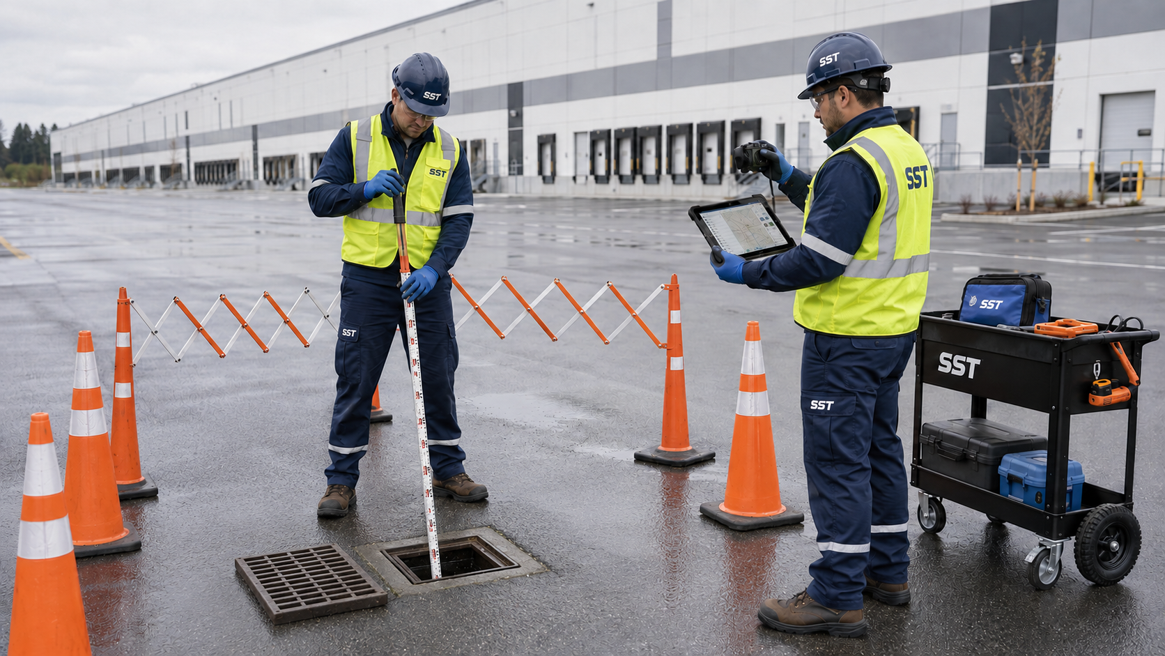 SST technicians measuring and documenting a warehouse stormwater catch basin