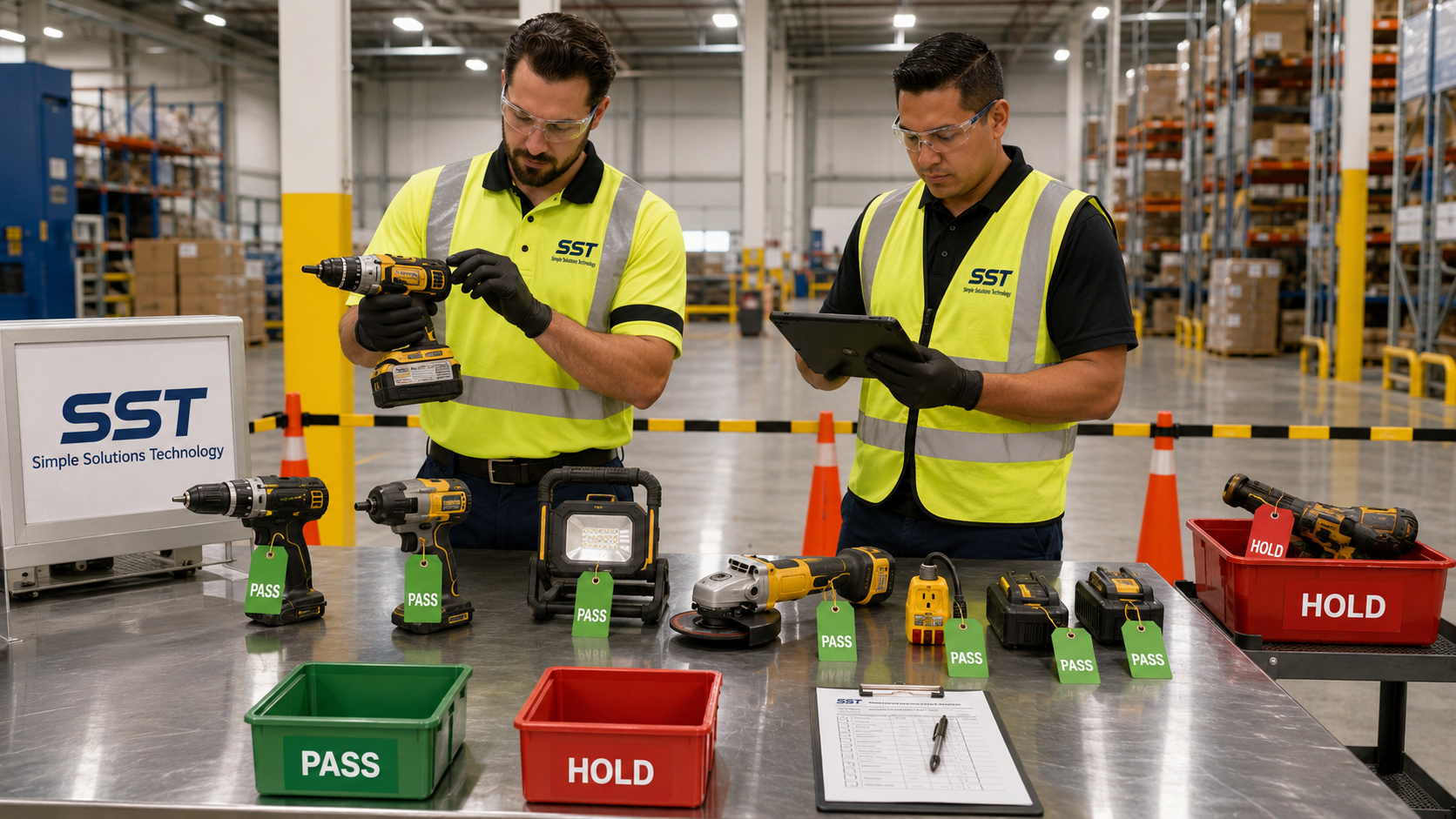 SST technicians inspecting commercial tools and documenting equipment condition inside a warehouse