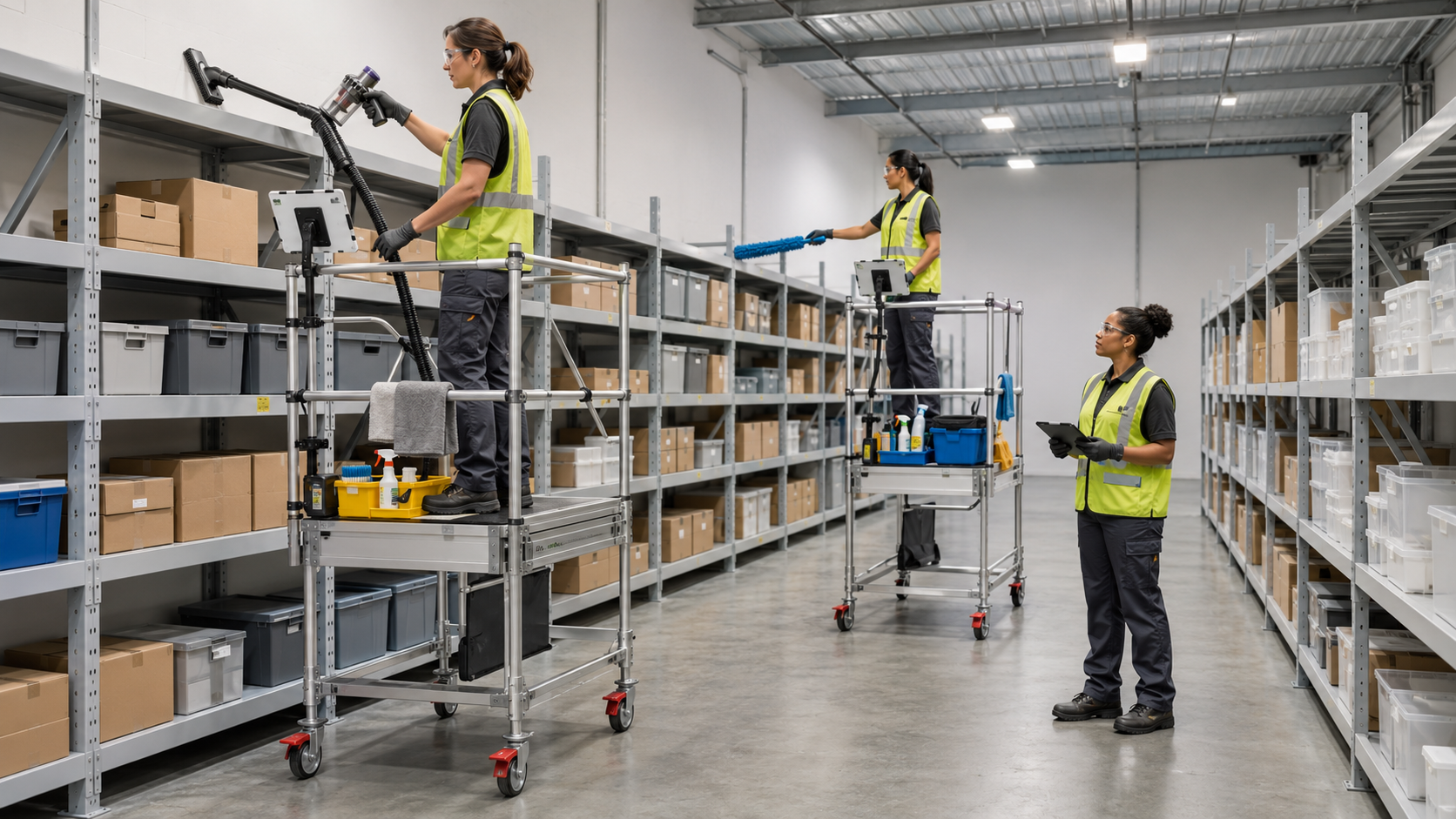 Three-person warehouse shelf-cleaning crew using battery-powered HEPA vacuuming, microfiber detailing, mobile scaffolds, and mounted tablets